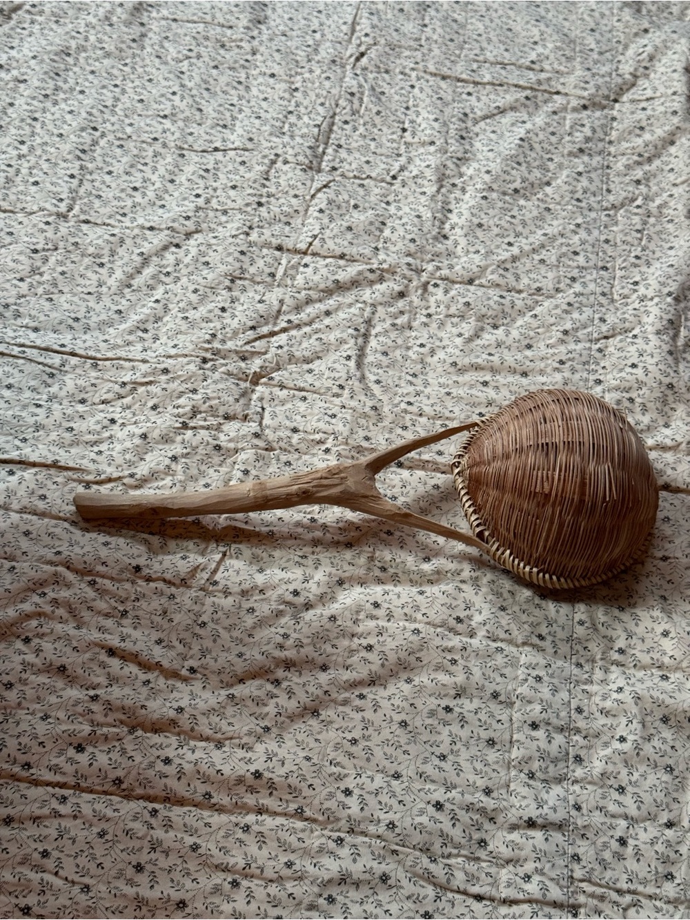Vintage Handwoven Basket Scoop With Natural Branch Handle